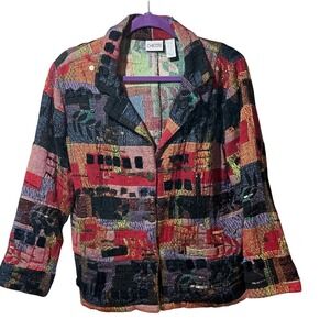 Chicos Patchwork Jacket Textured Embroidered Sequins Red Black Multi Size 2